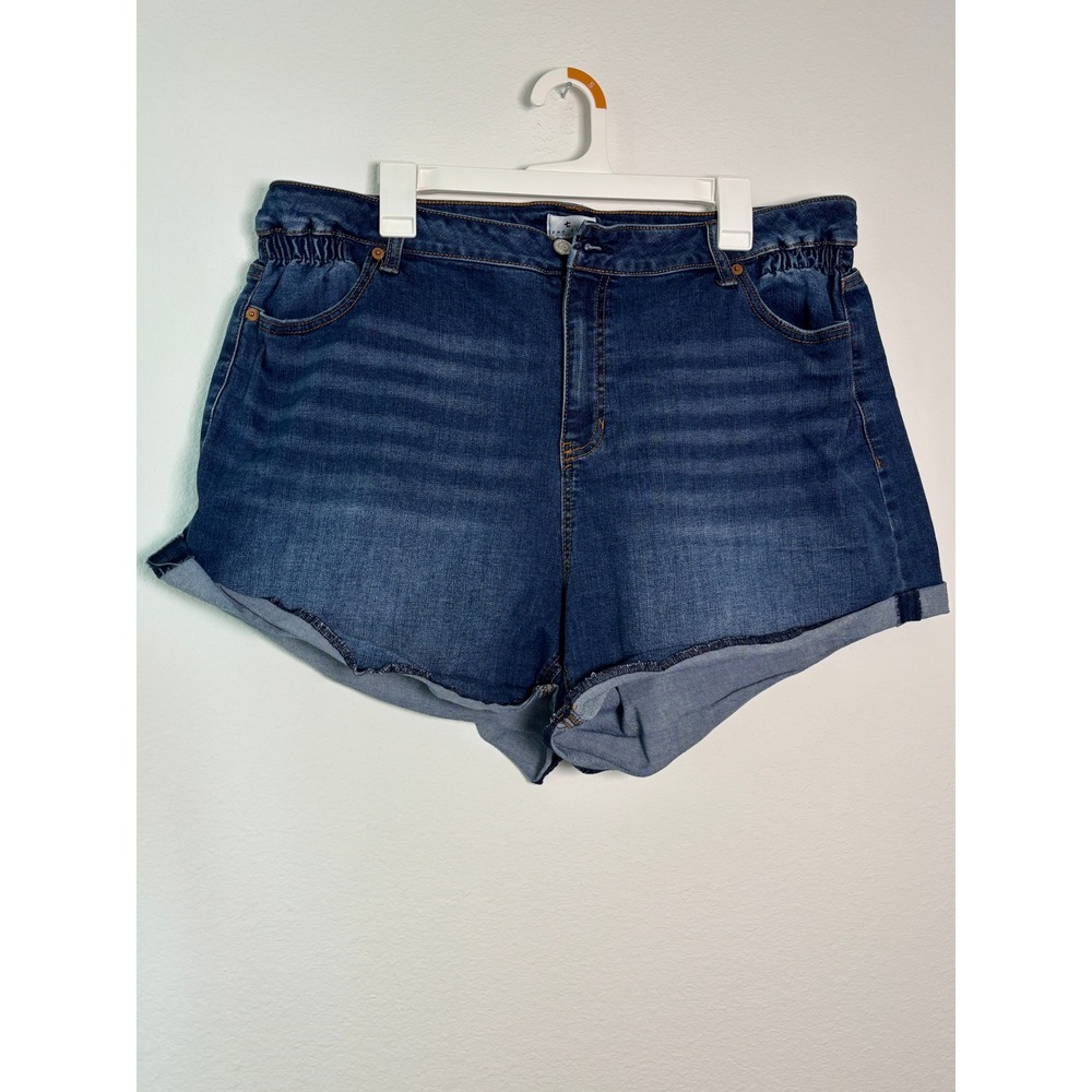 True Craft Mom Shorts Womens 20W Dark Wash Denim High Rise Elastic Waist Cuffed